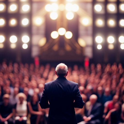 An image of a speaker confidently standing on stage with a microphone, engaging with the audience